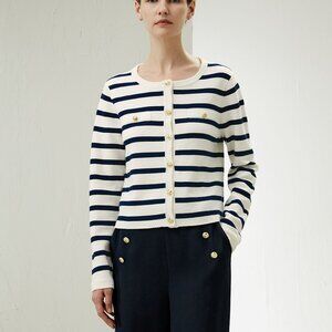 Lilysilk Gariana navy & white striped, button-up cardigan, Merino Wool, NEW, Med